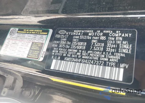 2017 Hyundai Santa Fe Se from USA, damaged, VIN KM8SN4HF6HU247372